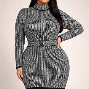 Fashion Nova Always Know Sweater Mini Dress Black White Geometric Belted 3X NWT